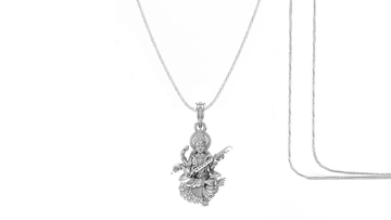 Akshat Sapphire Sterling Silver (92.5% purity) Goddess Saraswati Maa Chain Pendant (Pendant with Rope Chain-22 inches) for Men & Women Pure Silver Lord Saraswati Maa Chain Locket for Health & Wealth Akshat Sapphire