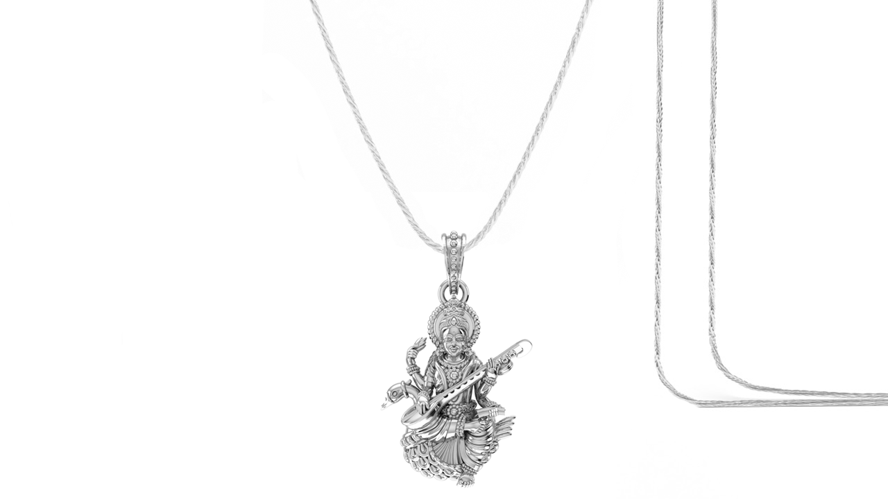 Akshat Sapphire Sterling Silver (92.5% purity) Goddess Saraswati Maa Chain Pendant (Pendant with Rope Chain) for Men & Women Pure Silver Lord Saraswati Maa Chain Locket for Health & Wealth Akshat Sapphire