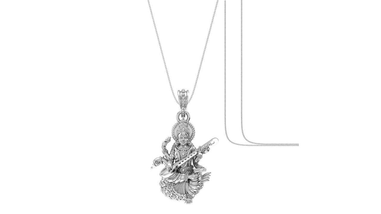 Akshat Sapphire Sterling Silver (92.5% purity) Goddess Saraswati Maa Chain Pendant (Pendant with Snake Chain) for Men & Women Pure Silver Lord Saraswati Maa Chain Locket for Health & Wealth Akshat Sapphire