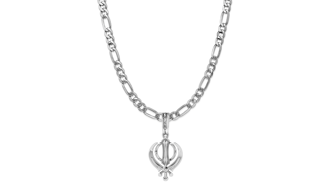 Akshat Sapphire Sterling Silver (92.5% purity) Sikh Khanda Symbol chain Pendant (Pendant with Figaro Chain-22 inches) for Men and Women Pure Silver spiritual Punjabi Sikh Sardar khanda symbol chain Locket for Good Luck, Health & Wealth Akshat Sapphire