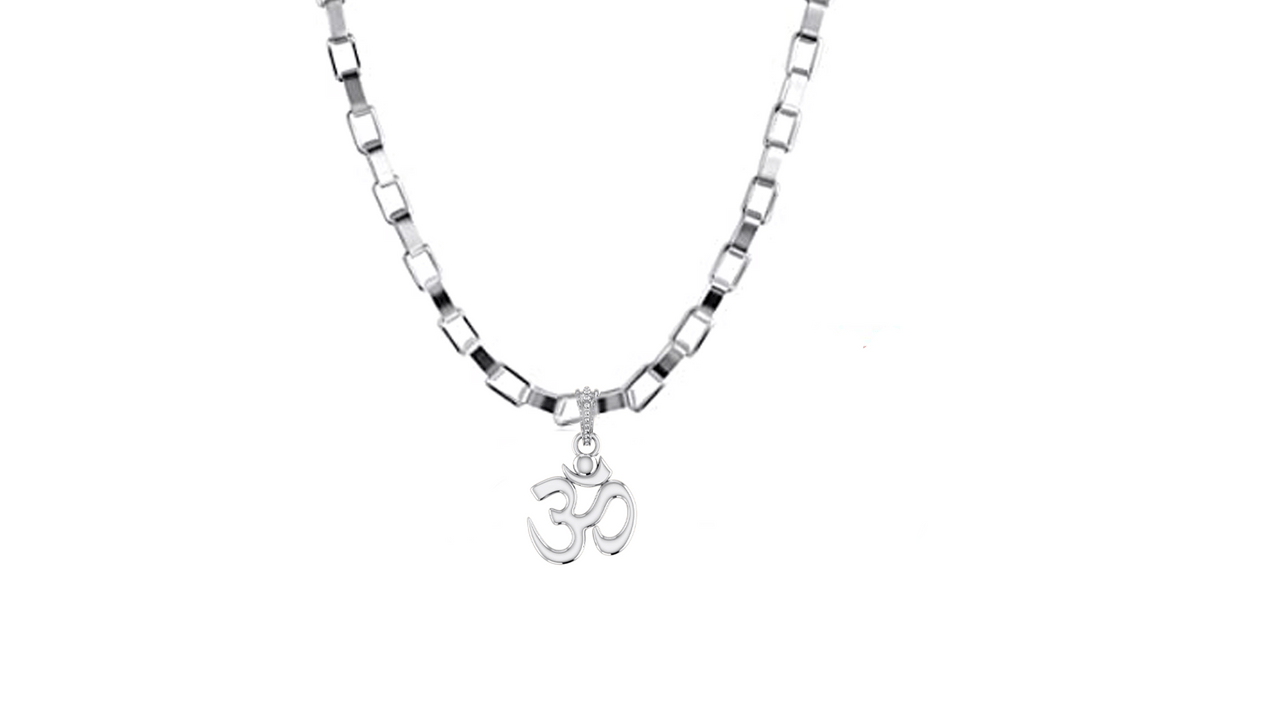 Akshat Sapphire Sterling Silver (92.5% purity) Spiritual OM Chain Pendant (Pendant with Box Chain-22 inches) for Men & Women Pure Silver Divine OM Chain Locket for Health & Wealth Akshat Sapphire