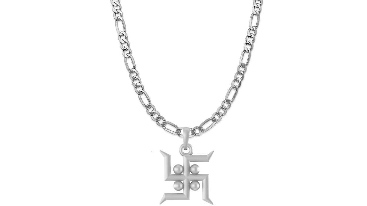 Akshat Sapphire Sterling Silver (92.5% purity) Spiritual Swastik Symbol Chain Pendant (Pendant with Figaro Chain-22 inches) for Men & Women Pure Silver Divine & prosperous  Swastik Chain Locket for Good Health & Wealth Akshat Sapphire