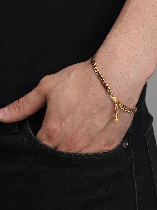 Akshat Sapphire 22KT gold plated  92.5% pure Sterling Silver Curb Designer Bracelet with spiritual Trishul for Men and Boys