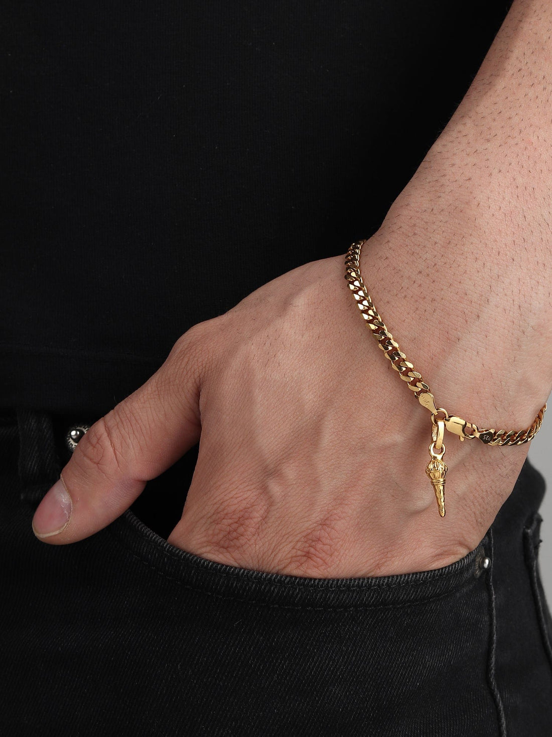 22CT Gold Plated 92.5 Pure Sterling Silver Curb Bracelet with Hanuman Gada Charm for Men by Akshat Sapphire Gold_BRMCKD7014