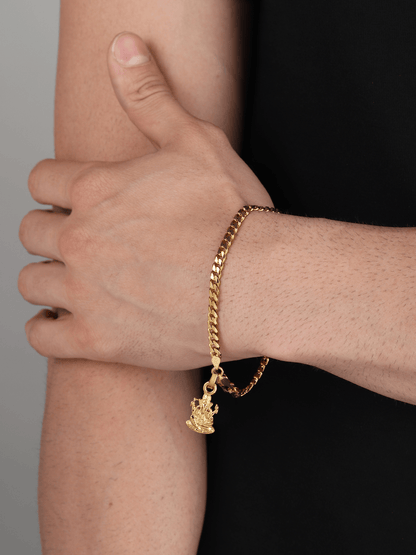 22KT gold plated 92.5% pure Sterling Silver Curb Designer Bracelet with Charm Ganesh for Men & Boys