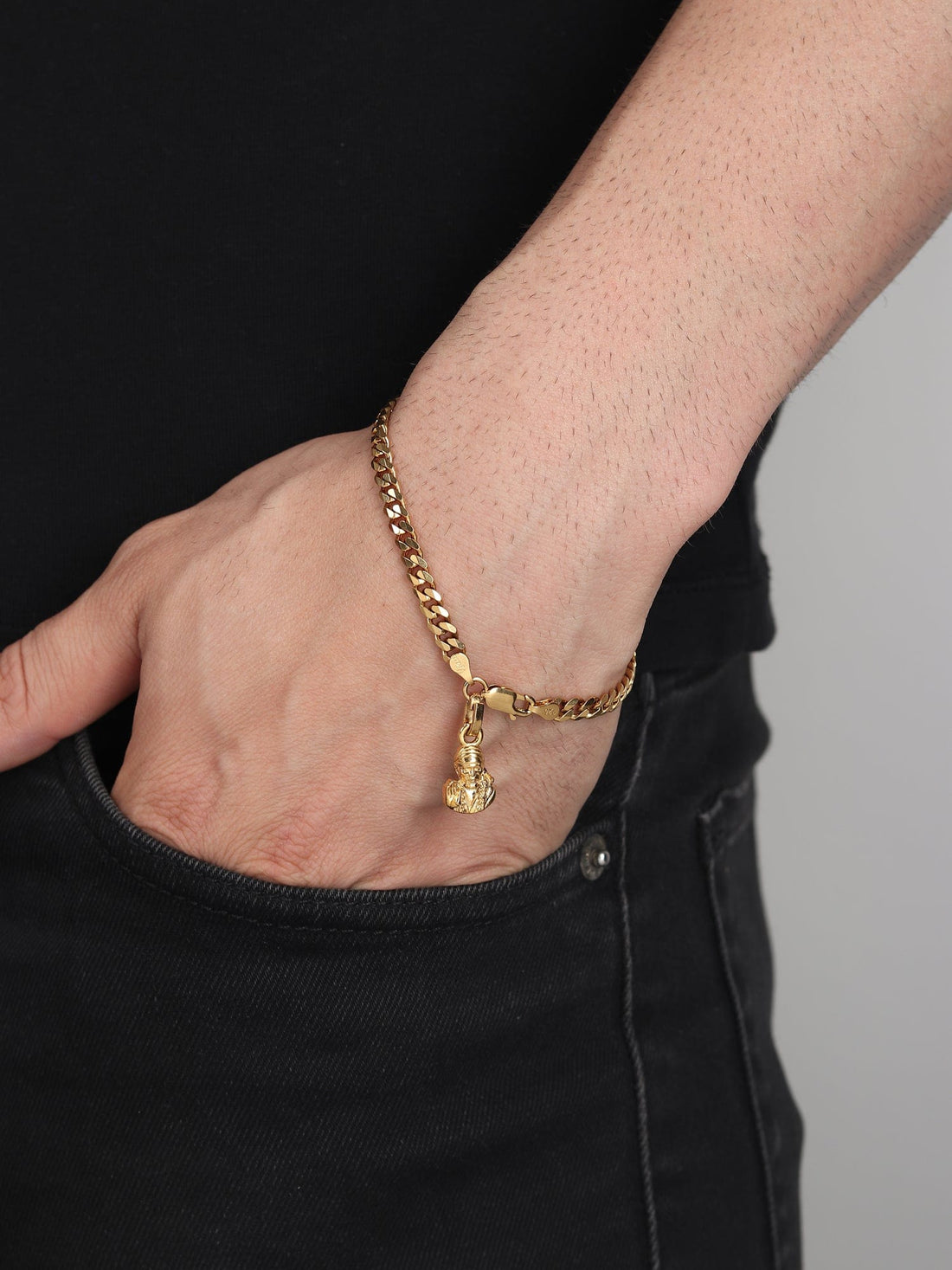 22CT Gold Plated 92.5 Pure Sterling Silver Curb Bracelet with Sai Baba Charm for Men by Akshat Sapphire Gold_BRMCKD7062