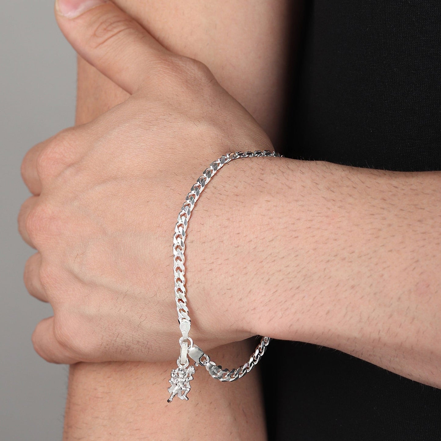 Akshat Sapphire 92.5% pure Sterling Silver Curb Designer Bracelet with Charm Hanuman for Men & Boys