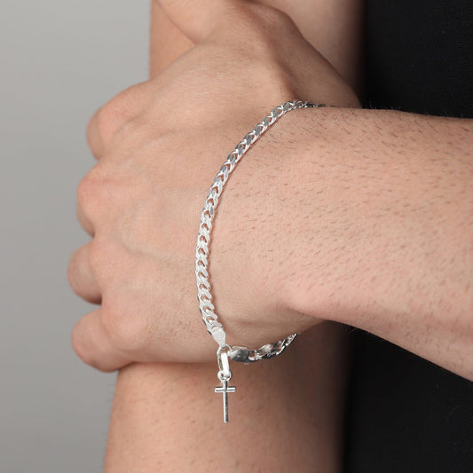Akshat Sapphire 92.5% pure Sterling Silver Curb Designer Bracelet with Charm Jesus for Men & Boys