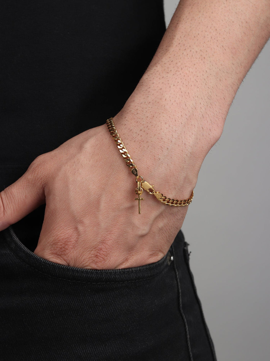 22CT Gold Plated 92.5 Pure Sterling Silver Curb Bracelet with Jesus Cross Charm for Men by Akshat Sapphire Gold_BRMCKD7090
