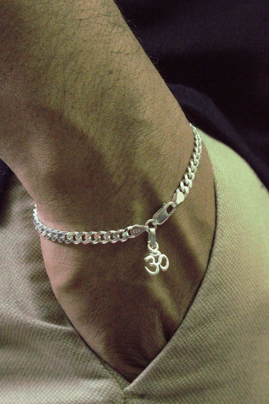 Akshat Sapphire 92.5% pure Sterling Silver Curb Designer Bracelet with spiritual OM for Men & Boys