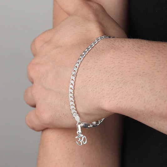 Akshat Sapphire 92.5% pure Sterling Silver Curb Designer Bracelet with spiritual OM for Men & Boys
