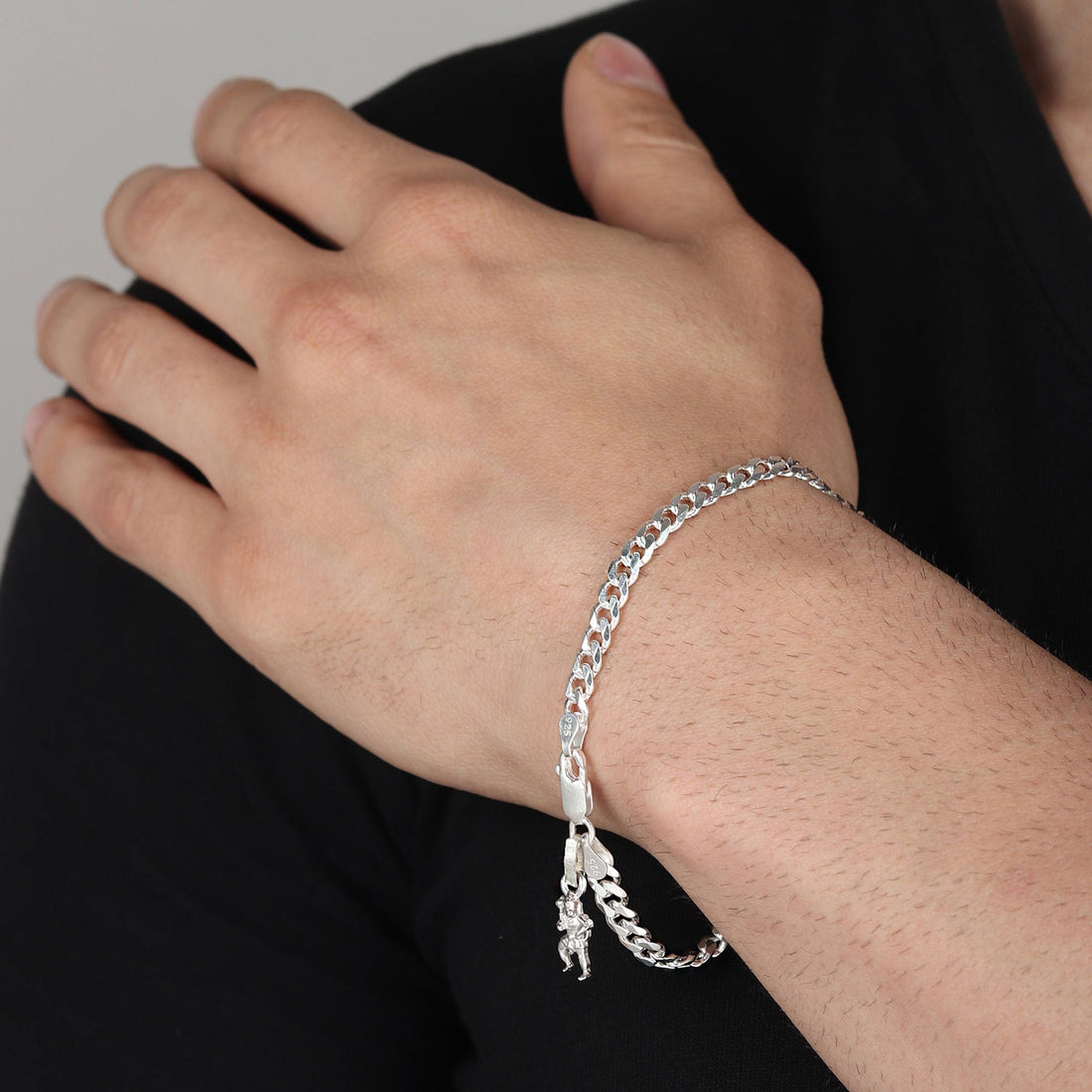 Sterling Silver curb bracelet with hanuman charm for men by akshat sapphire 92.5 silver brmckd7149