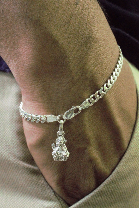 Akshat Sapphire 92.5% pure Sterling Silver Curb Designer Bracelet with Charm Ram for Men & Boys