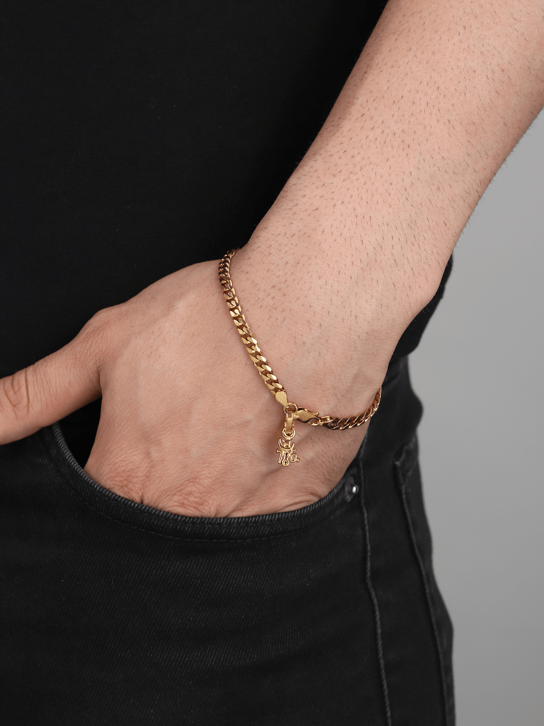 22CT Gold Plated 92.5 Pure Sterling Silver Curb Bracelet with Religious 786 Charm for Men by Akshat Sapphire Gold_BRMCKD7192