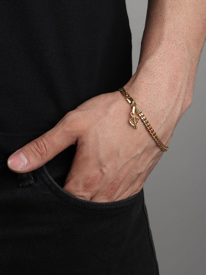22KT gold plated 92.5% pure Sterling Silver Curb Designer Bracelet with spiritual Sardar Symbol for Men
