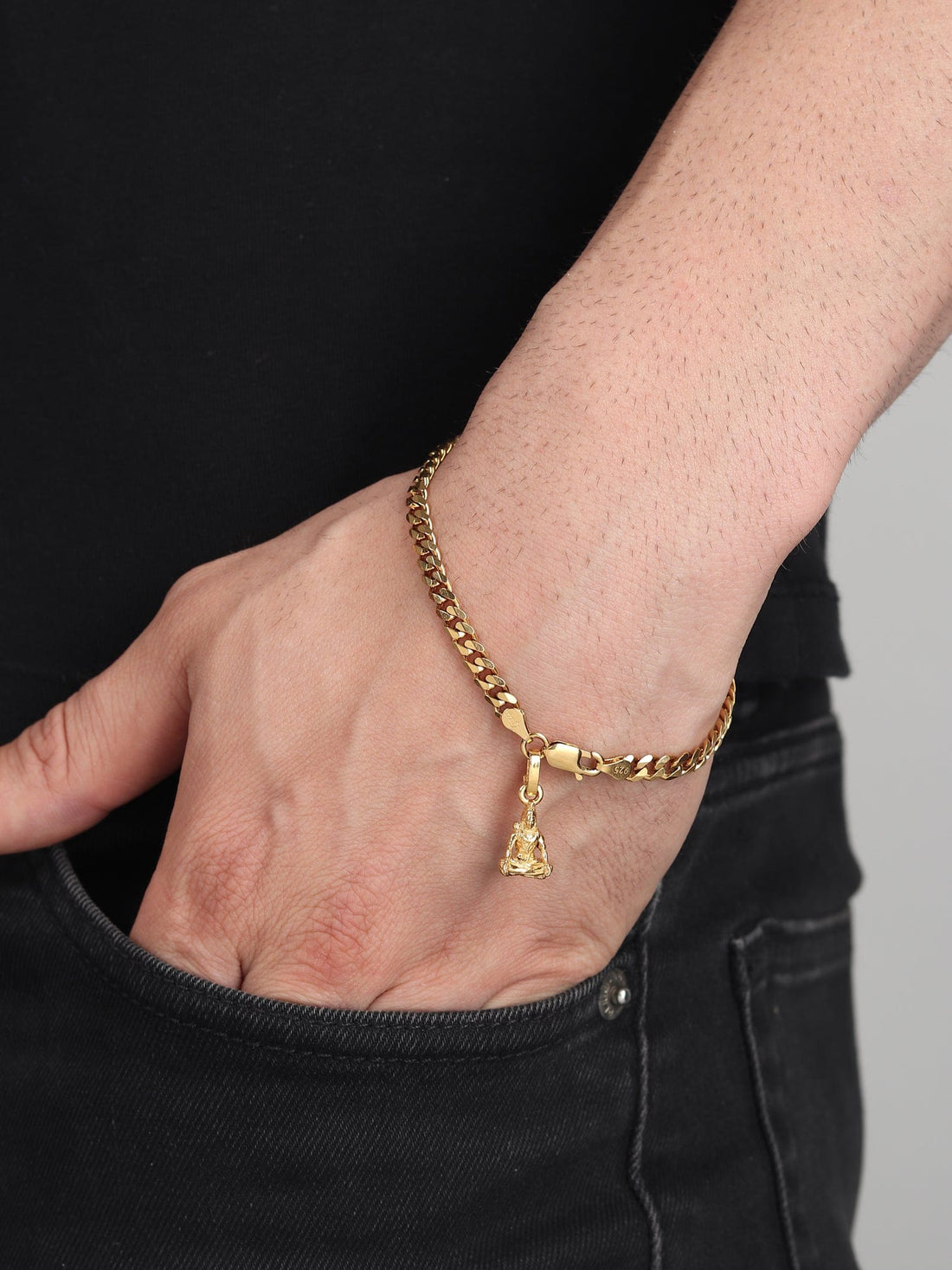 22CT Gold Plated 92.5 Pure Sterling Silver Curb Bracelet with Shiva Charm for Men by Akshat Sapphire Gold_BRMCKD7265