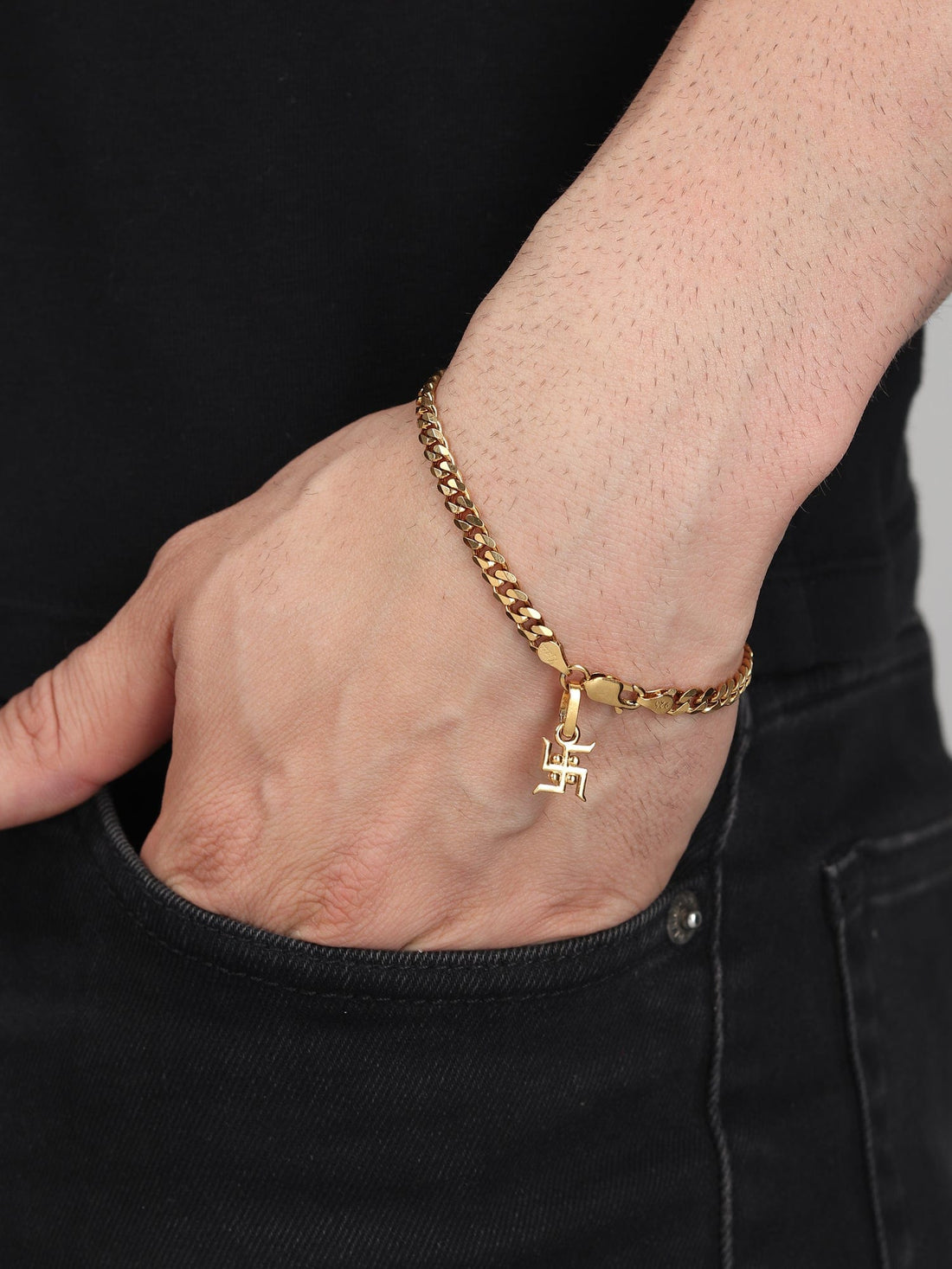 22CT Gold Plated 92.5 Pure Sterling Silver Curb Bracelet with Swastik Charm for Men by Akshat Sapphire Gold_BRMCKD7308