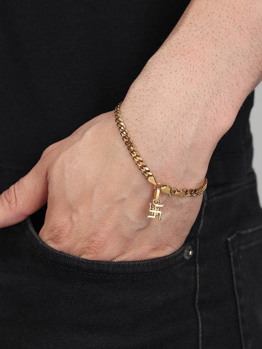 Akshat Sapphire 22KT gold plated  92.5% pure Sterling Silver Curb Designer Bracelet with Charm Swastik for Men & Boys