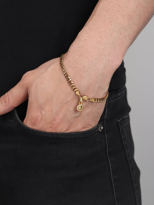 22KT gold plated 92.5% pure Sterling Silver Curb Designer Bracelet with Charm Surya for Men & Boys
