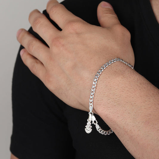 Akshat Sapphire 92.5% pure Sterling Silver Curb Designer Bracelet with Charm Khatu Shyam for Men
