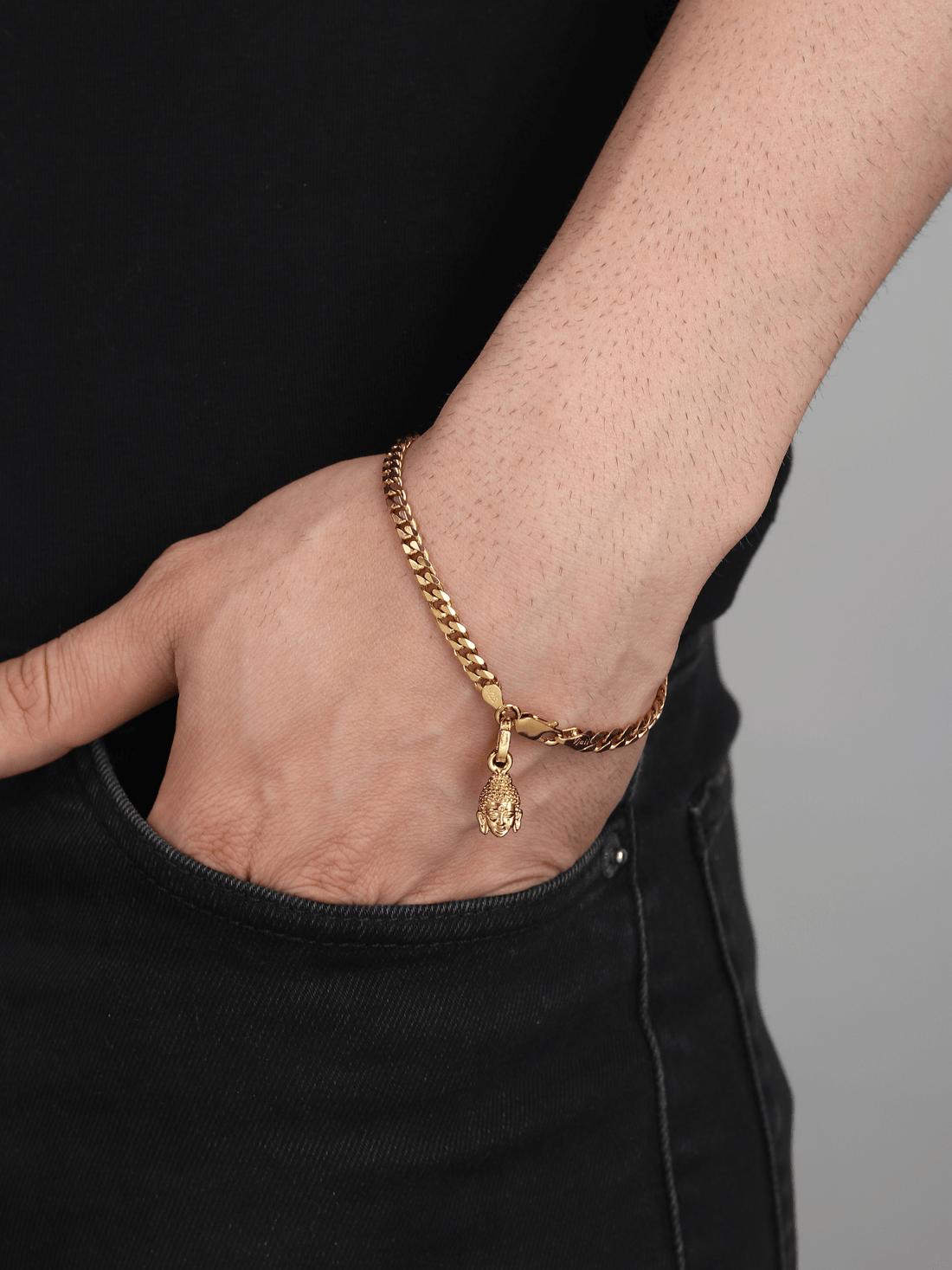 22CT Gold Plated 92.5 Pure Sterling Silver Curb Bracelet with Buddha Charm for Men by Akshat Sapphire Gold_BRMCKD7349