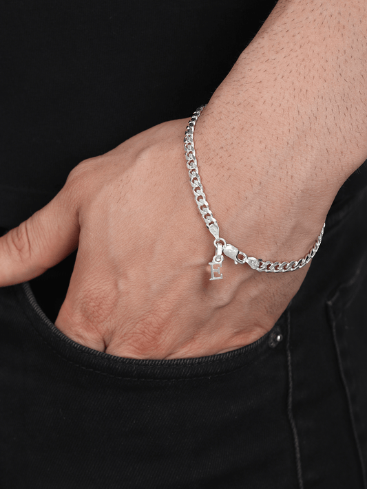Akshat Sapphire 92.5% pure Sterling Silver Curb Designer Bracelet with E Alphabet for Men