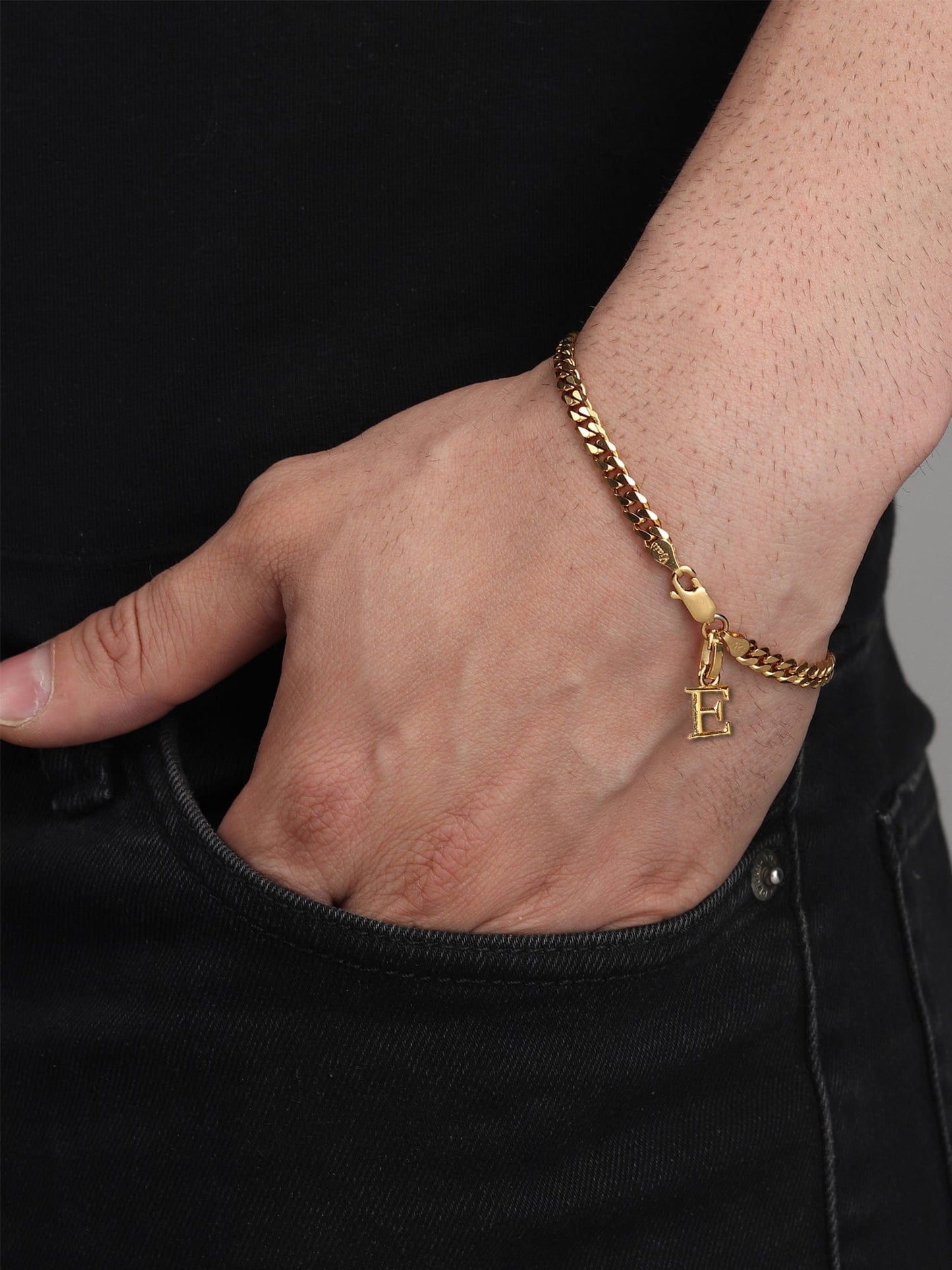 Akshat Sapphire 22KT gold plated 92.5% pure Sterling Silver Curb Designer Bracelet with E Alphabet for Men