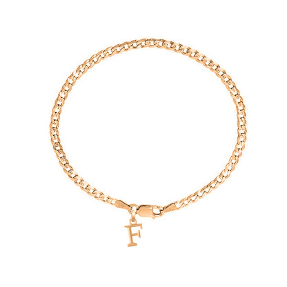 Akshat Sapphire 22KT gold plated 92.5% pure Sterling Silver Curb Designer Bracelet with F Alphabet for Men