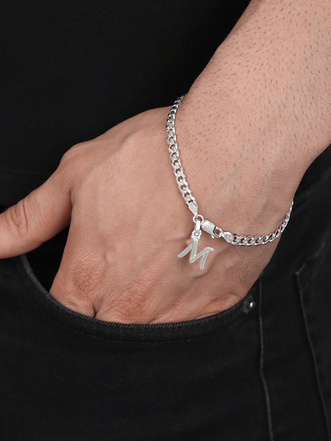 Sterling Silver 92.5% Pure Curb Bracelet with M Alphabet for Men by Akshat Sapphire BRMCKD_M