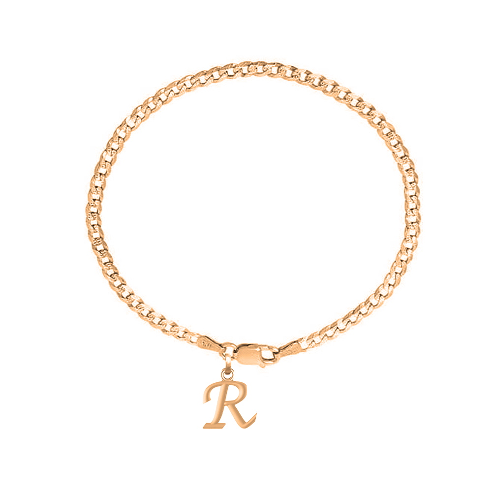 Akshat Sapphire 22KT gold plated 92.5% pure Sterling Silver Curb Designer Bracelet with R Alphabet for Men