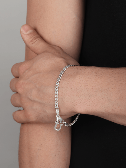 Akshat Sapphire 92.5% pure Sterling Silver Curb Designer Bracelet with U Alphabet for Men