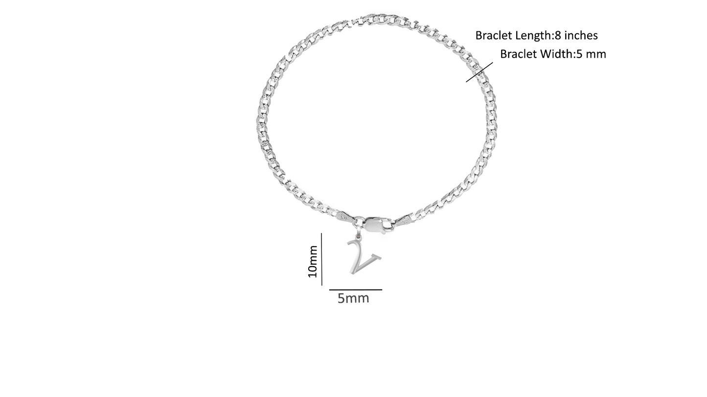 Akshat Sapphire 92.5% pure Sterling Silver Curb Designer Bracelet with V Alphabet for Men