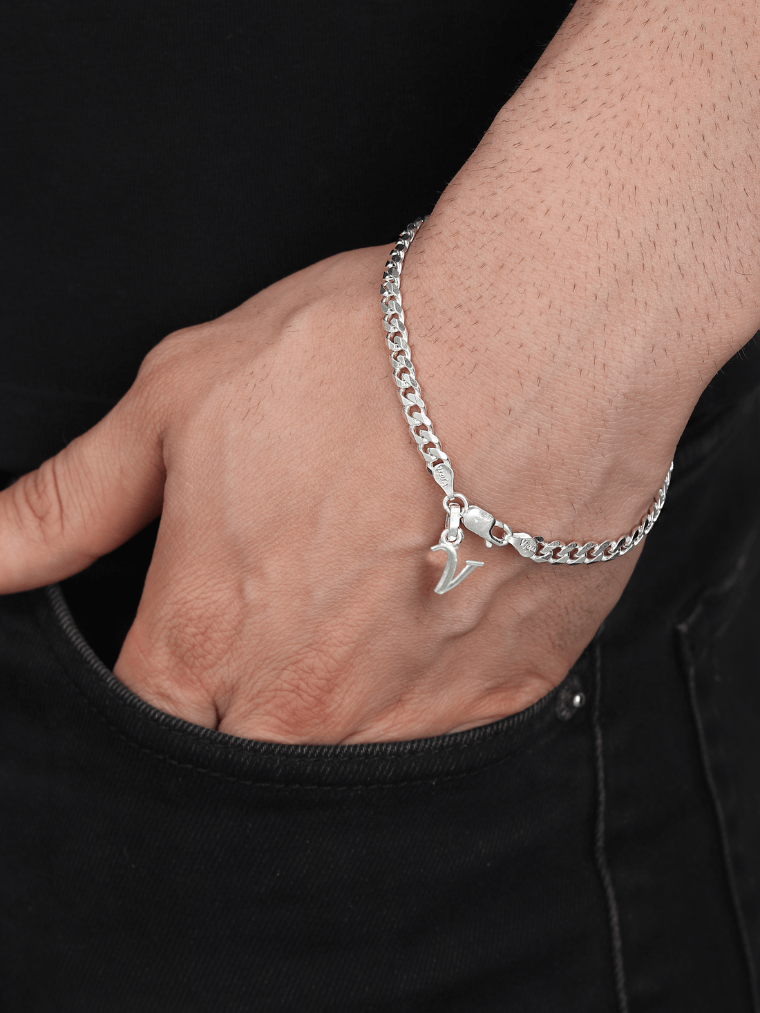 Sterling Silver 92.5% Pure Curb Bracelet with V Alphabet for Men by Akshat Sapphire BRMCKD_V