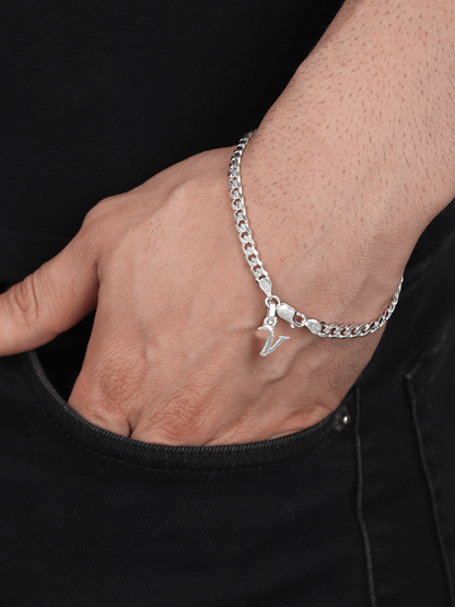 Akshat Sapphire 92.5% pure Sterling Silver Curb Designer Bracelet with V Alphabet for Men