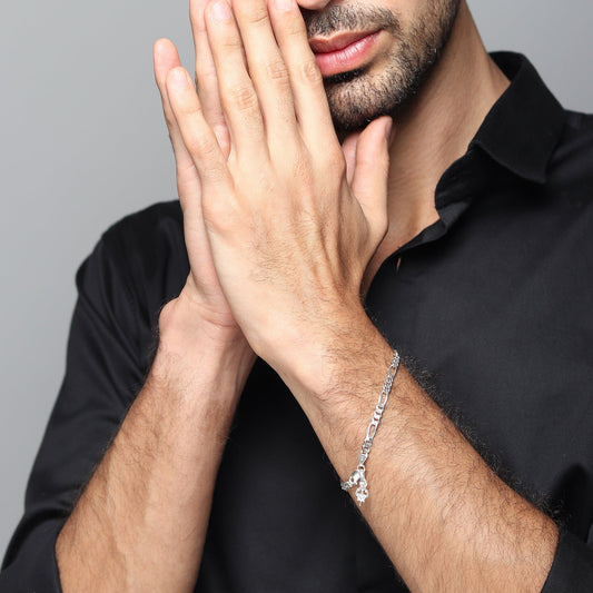 Sterling Silver figaro bracelet with trishul charm for men by akshat sapphire 92.5 silver brmfkd7007