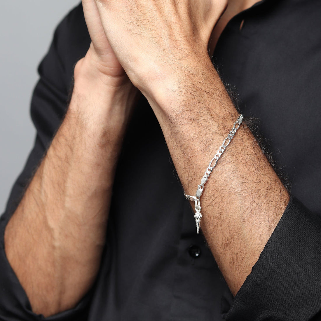 Sterling Silver figaro bracelet with hanuman gada charm for men by akshat sapphire 92.5 silver brmfkd7014