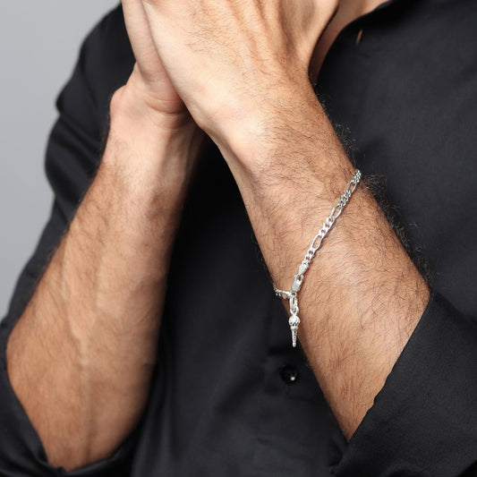 Akshat Sapphire 92.5% pure Sterling Silver Figaro Designer Bracelet with Hanuman Gada for Men & Boys