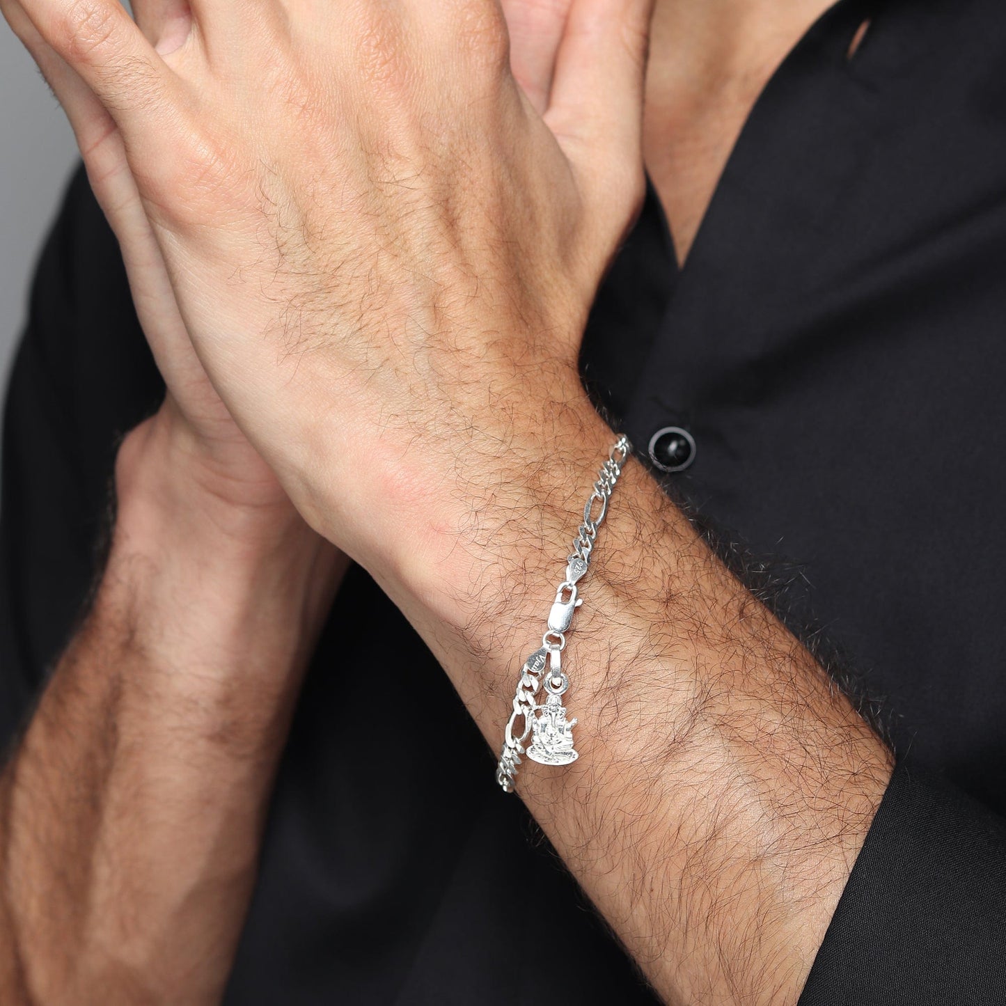 Akshat Sapphire 92.5% pure Sterling Silver Figaro Designer Bracelet with Charm Ganesh for Men & Boys