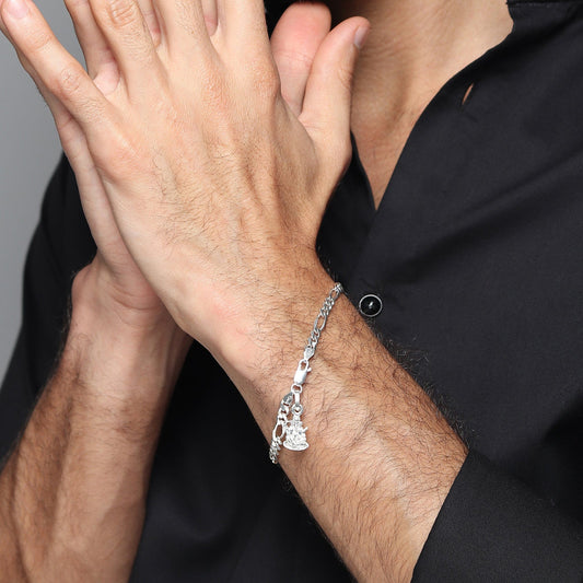 Akshat Sapphire 92.5% pure Sterling Silver Figaro Designer Bracelet with Charm Ganesh for Men & Boys