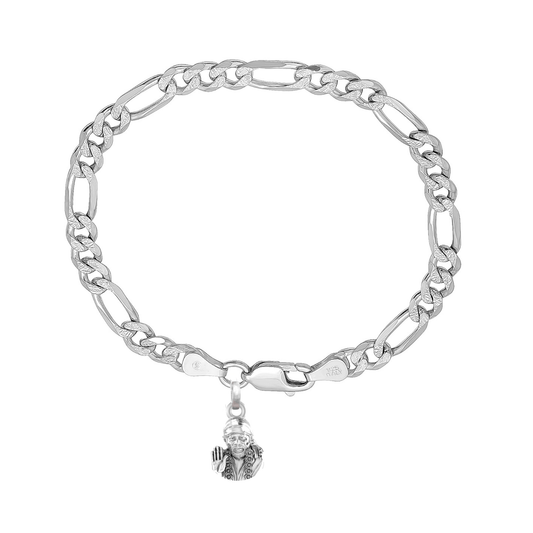Akshat Sapphire 92.5% pure Sterling Silver Figaro Designer Bracelet with Charm Sai Baba for Men & Boy