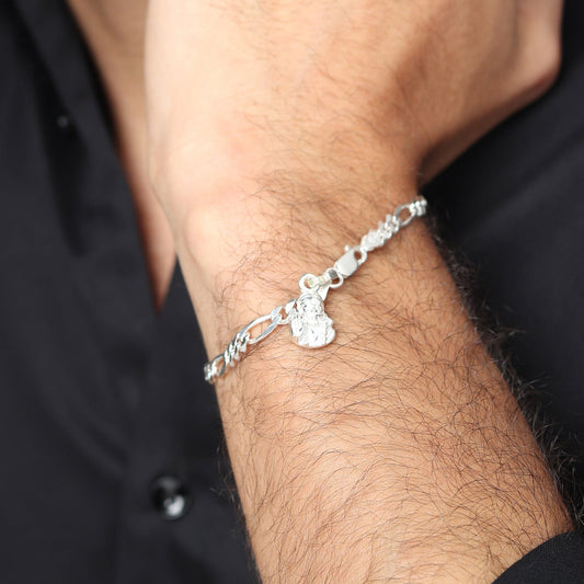 Akshat Sapphire 92.5% pure Sterling Silver Figaro Designer Bracelet with Charm Sai Baba for Men & Boy