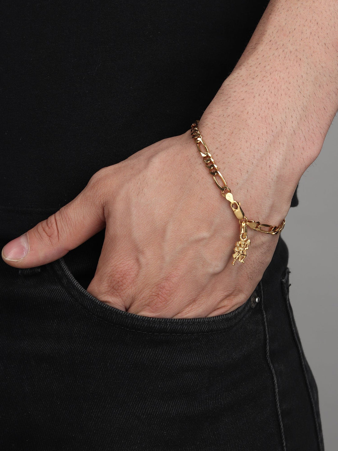 22CT Gold Plated 92.5 Pure Sterling Silver Figaro Bracelet with Hanuman Charm for Men by Akshat Sapphire Gold_BRMFKD7065