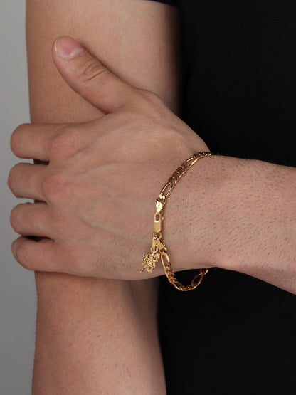 22KT gold plated 92.5% pure Sterling Silver Figaro Designer Bracelet with Charm Hanuman/Bajrang Bali for Men