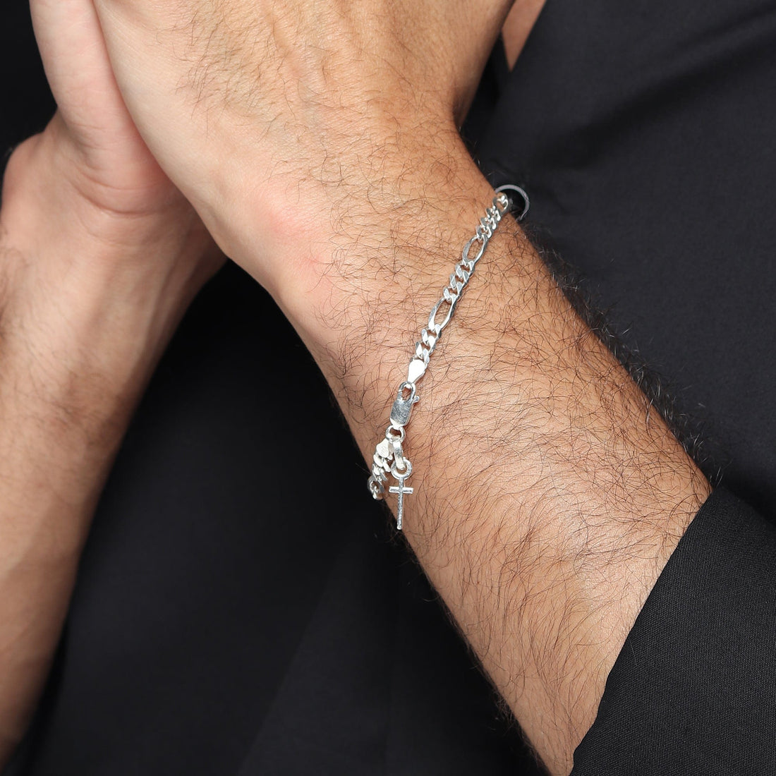 Sterling Silver figaro bracelet with jesus cross charm for men by akshat sapphire 92.5 silver brmfkd7090