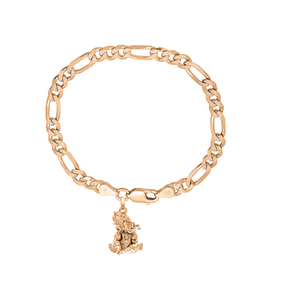 22KT gold plated 92.5% pure Sterling Silver Figaro Designer Bracelet with Charm Ganesh for Men & Boys