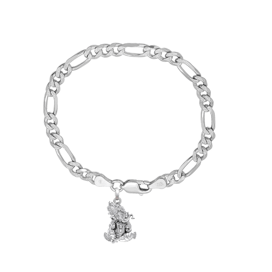 Akshat Sapphire 92.5% pure Sterling Silver Figaro Designer Bracelet with Charm Ganesh for Men & Boys