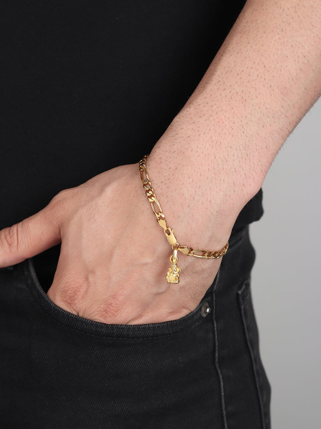 22CT Gold Plated 92.5 Pure Sterling Silver Figaro Bracelet with Ganesh Charm for Men by Akshat Sapphire Gold_BRMFKD7131