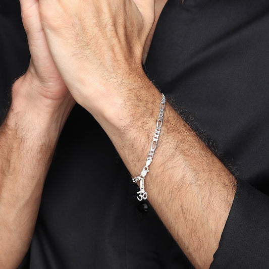 Akshat Sapphire 92.5% pure Sterling Silver Figaro Designer Bracelet with spiritual OM for Men & Boys