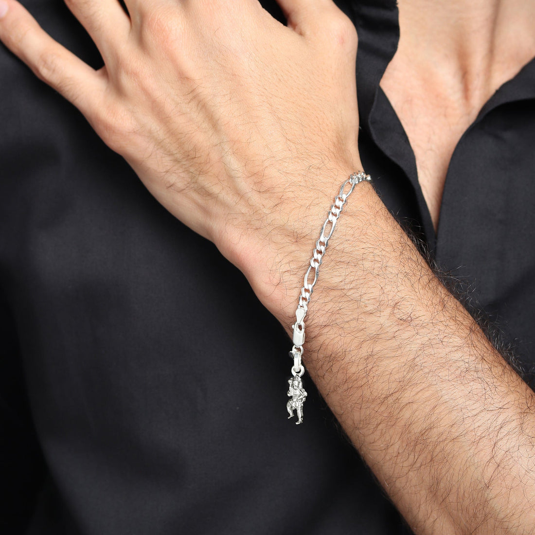 Sterling Silver figaro bracelet with hanuman charm for men by akshat sapphire 92.5 silver brmfkd7149