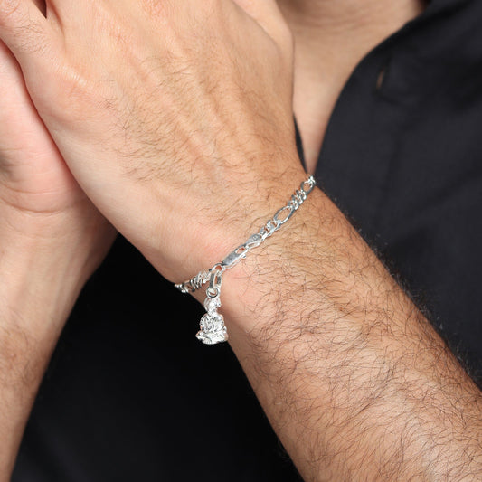 Akshat Sapphire 92.5% pure Sterling Silver Figaro Designer Bracelet with Charm Hanuman for Men